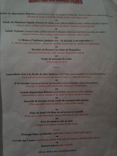 Dinner menu in Lyon